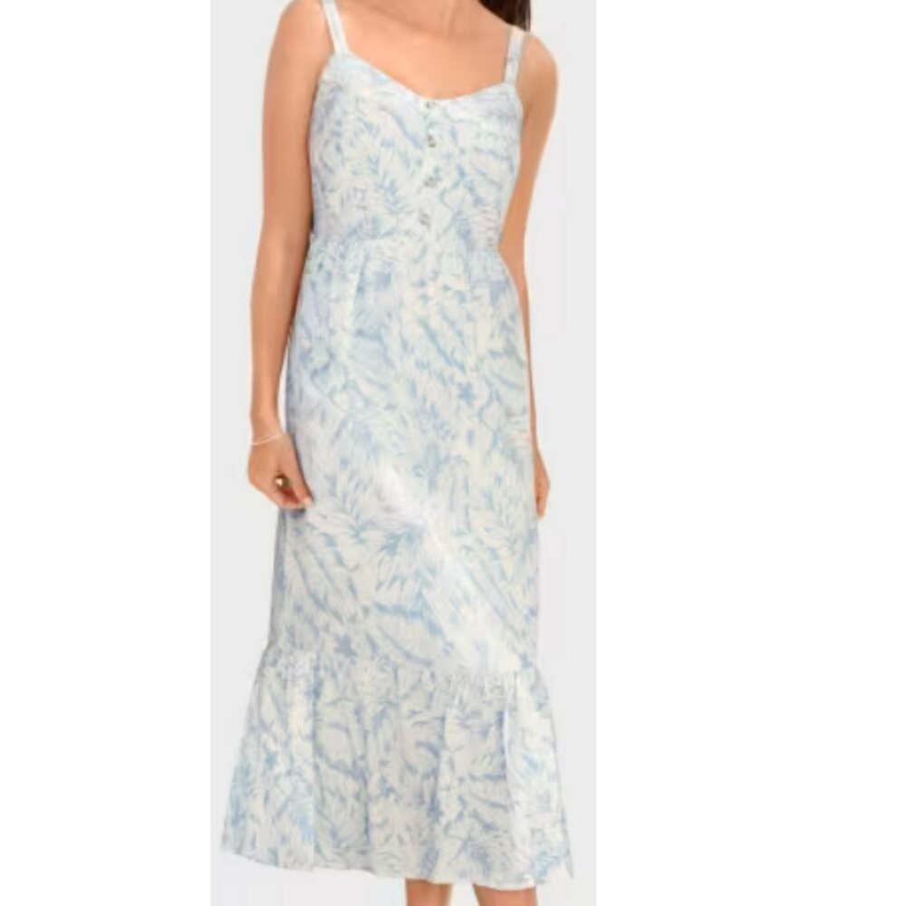 NEW Women's Midi Palm Leaf Ruffle Dress Size XL Light Blue & White